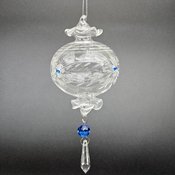 Hand Blown Glass Ornament Etched Floral Design Crystal Accents Hanging Decor - Picture 6 of 7